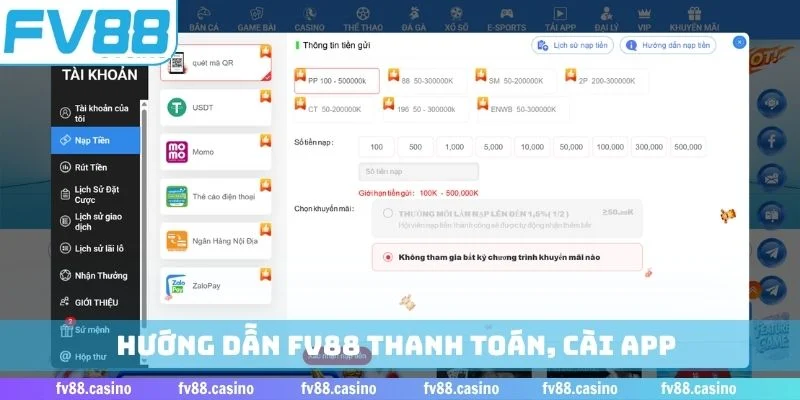 Hướng dẫn FV88 thanh toán, cài app